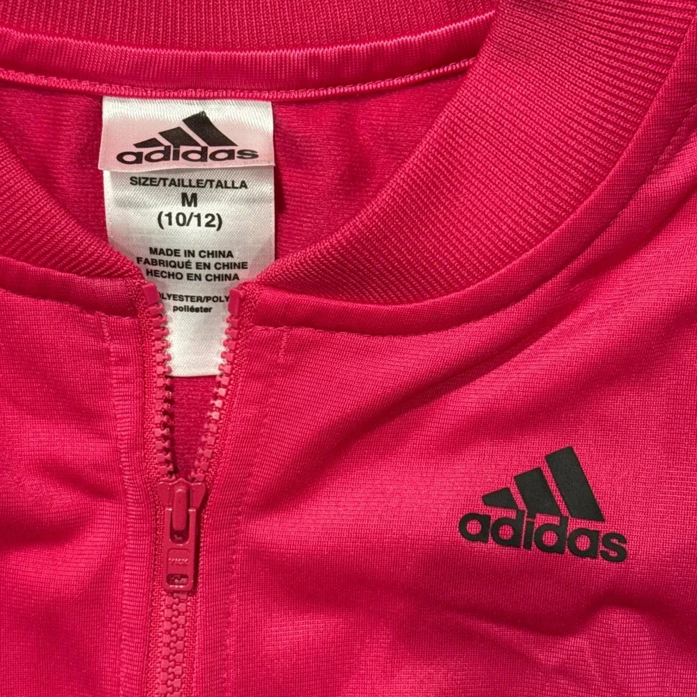 Adidas Girls Pink Track Jacket Medium 10/12 Logo Sleeve Full Zip‎ Bomber Style